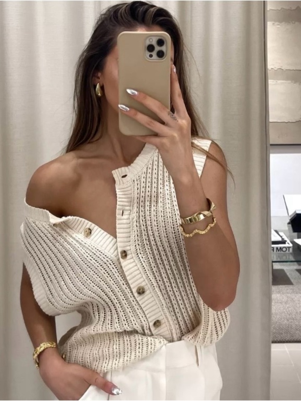 Dissh Bloom Crochet Crop Vest Knit Button-Up in Cream